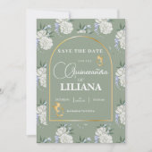 Chic Sage Green Gold Arch Butterflies Quinceañera Save The Date (Voorkant)