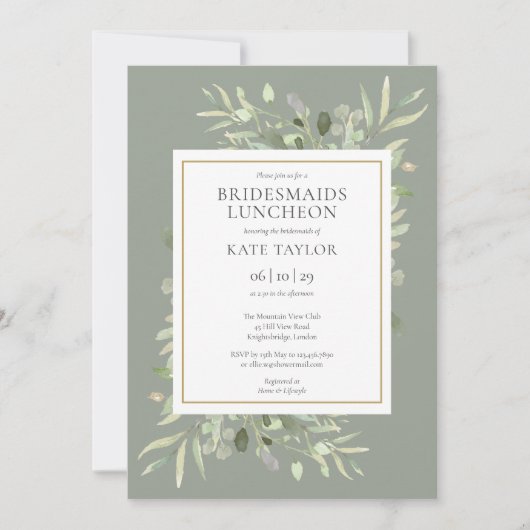 Chic Sage Green Gold Greenery Bridesmaids Luncheon Kaart (Voorkant)