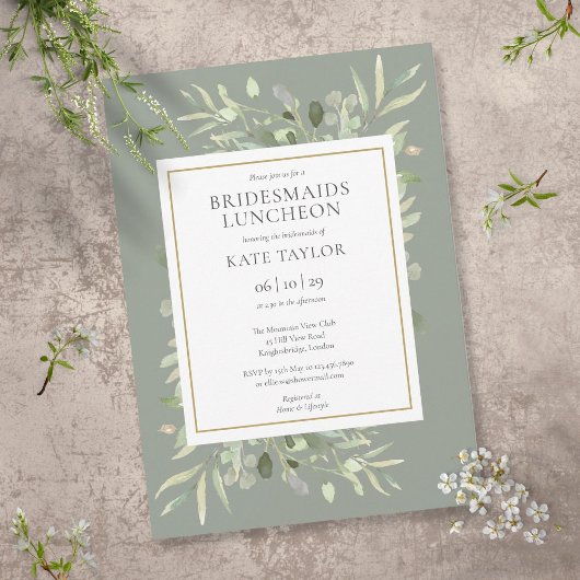 Chic Sage Green Gold Greenery Bridesmaids Luncheon Kaart