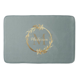 Chic Sage Green Gold Monogram Eucalyptus Wreate Badmat