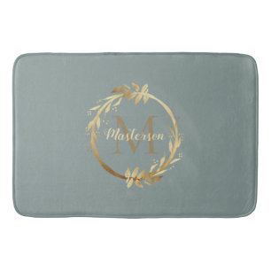 Chic Sage Green Gold Monogram Eucalyptus Wreate Badmat
