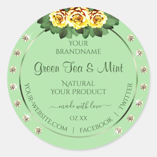 Chic Sage Green Product Labels Yellow Roses Jewels (Voorkant)