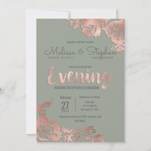 Chic Sage Green Roos Gold Floral Evening Kaart (Voorkant)