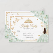 Chic Sage Green Roses Gold Quinceanera Reply RSVP Kaartje (Voorkant / Achterkant)