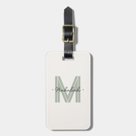 Chic Sage Green Script Monogram Bagagelabel (Voorkant verticaal)