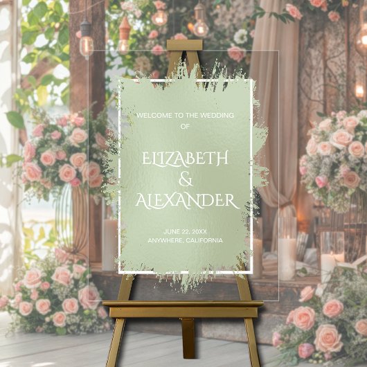 Chic Sage Green Splash Wedding Welkom Acryl Bord