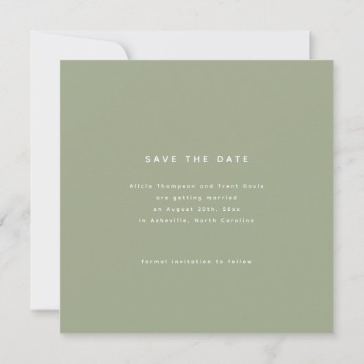 Chic Sage Green & White Calligraphy Save the Date Kaart (Achterkant)