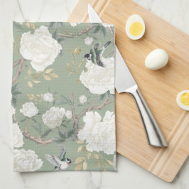 Chic Sage Green White Chinoiserie Floral Porcelain Theedoek