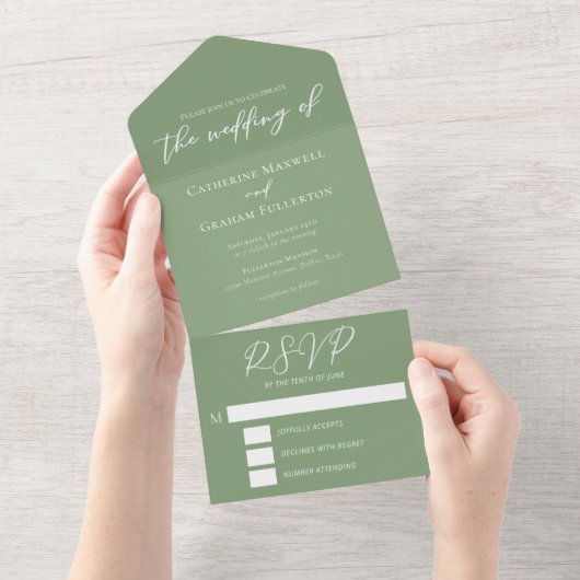 Chic Sage Green White Script Wedding All In One Uitnodiging (Afscheurbaar)