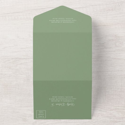 Chic Sage Green White Script Wedding All In One Uitnodiging (Buitenkant)