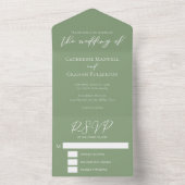 Chic Sage Green White Script Wedding All In One Uitnodiging (Binnen)