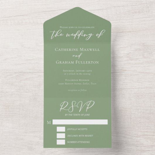 Chic Sage Green White Script Wedding All In One Uitnodiging (Binnen)