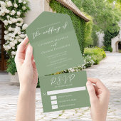 Chic Sage Green White Script Wedding All In One Uitnodiging