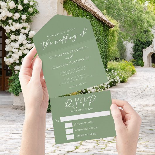 Chic Sage Green White Script Wedding All In One Uitnodiging