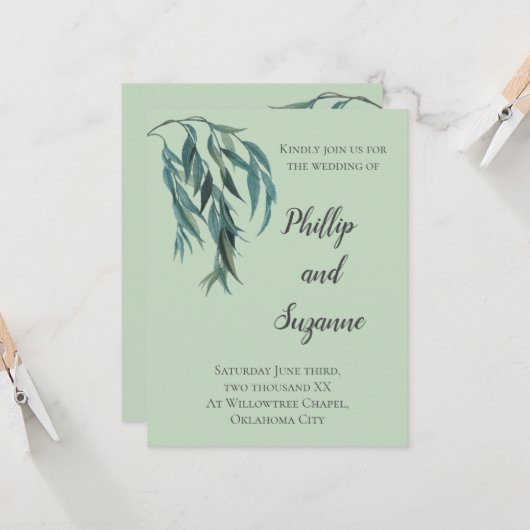 Chic Sage Green Willow Branch Minimal Wedding Kaart (Voorkant / Achterkant in situ)