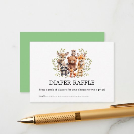 Chic Sage Greenery Woodland Animals Diaper Raffle Informatiekaartje (Voorkant / Achterkant in situ)