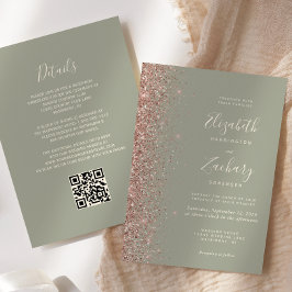 Chic Sage Groen Roos Goud Glitter QR Code Huwelijk Kaart