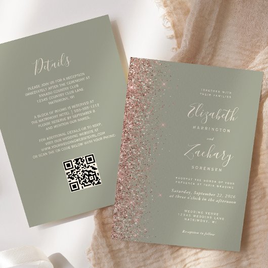 Chic Sage Groen Roos Goud Glitter QR Code Huwelijk Kaart