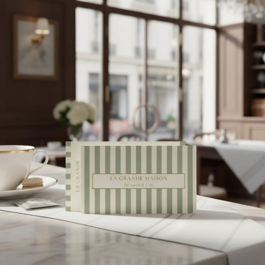 Chic Sage Strepen Franse Bakkerij QR Code Gebak Visitekaartje