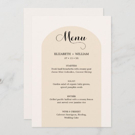 Chic Sand Beige Arch Lijst Weddenschap Menu (Voorkant / Achterkant)