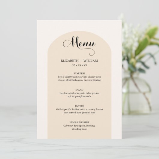 Chic Sand Beige Arch Lijst Weddenschap Menu (Staand voorkant)
