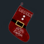 Chic Santa Suit Christmas grappig script Kleine Kerstsok<br><div class="desc">Rood en faux goud glitter Sinterklaas pak met sneeuwvlokken en "Beste Kerstman,  ik heb het echt geprobeerd" typografie. Gebruik het gereedschap Aanpassen om uw eigen tekst toe te voegen,  initialen toe te voegen en lettertypen te wijzigen. Zie ook mijn Winter Feestdagen Gifts Collectie.</div>