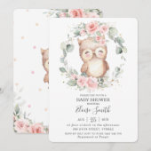Chic Schattigee Uil Roze Bloemen Greenery Baby sho Kaart (Voorkant / Achterkant)