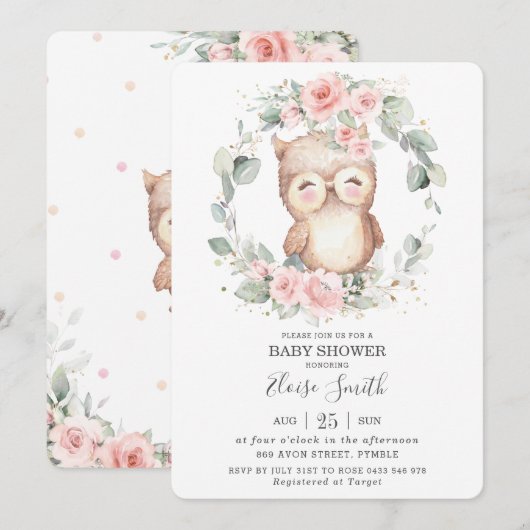 Chic Schattigee Uil Roze Bloemen Greenery Baby sho Kaart (Voorkant / Achterkant)