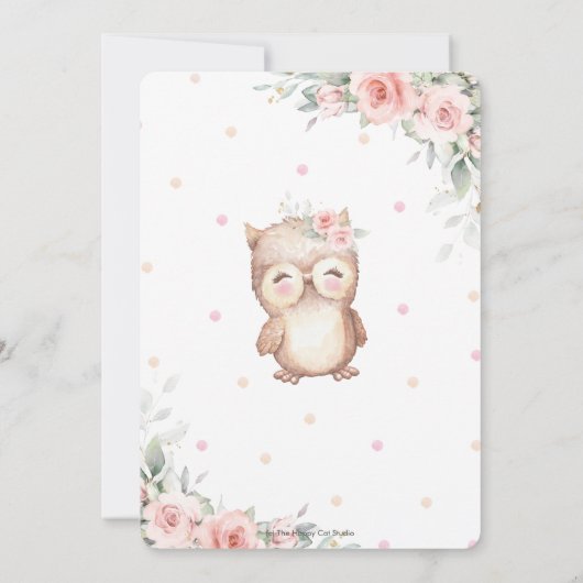 Chic Schattigee Uil Roze Bloemen Greenery Baby sho Kaart (Achterkant)