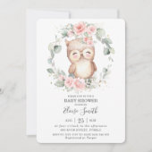 Chic Schattigee Uil Roze Bloemen Greenery Baby sho Kaart (Voorkant)