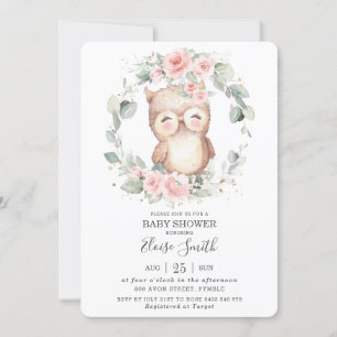 Chic Schattigee Uil Roze Bloemen Greenery Baby sho Kaart