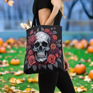 Chic Schedel met Rozen Gotische Halloween Boodscha Tote Bag