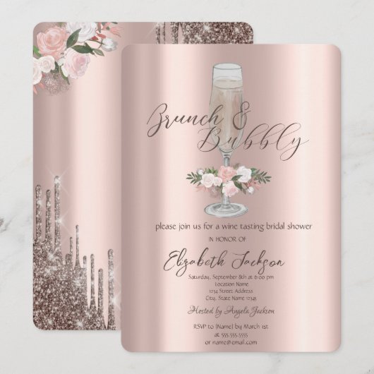 Chic-schijven, glas, Rozen Brunch en bubbelig Kaart (Voorkant / Achterkant)