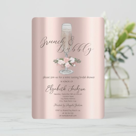 Chic-schijven, glas, Rozen Brunch en bubbelig Kaart (Staand voorkant)