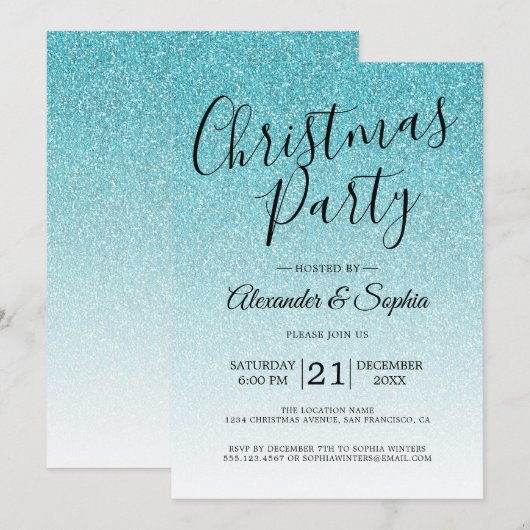 Chic Schrift Blauwe Glitters Glans Kerstfeest Part Kaart (Voorkant / Achterkant)