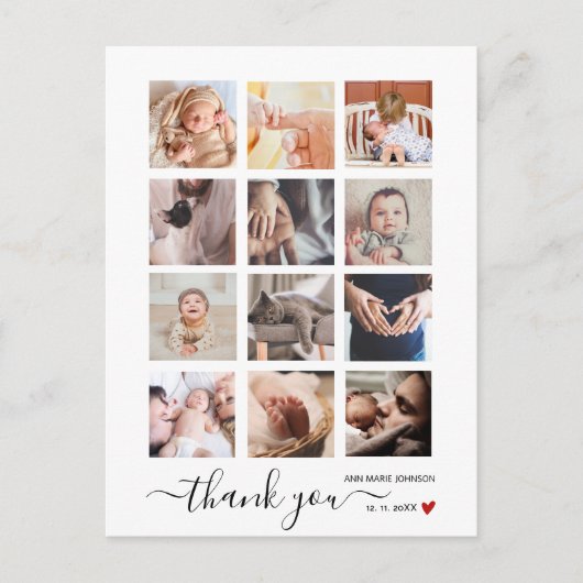 Chic Script 12 Foto Collage Baby Shower Dankjewel Briefkaart (Voorkant)