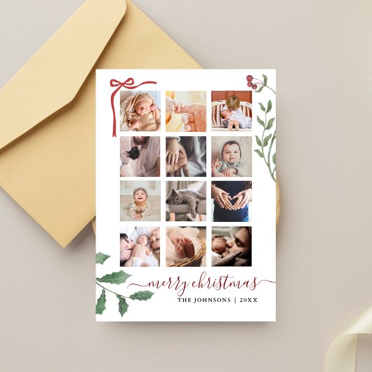 Chic Script 12 Foto Collage Botanische Kerst Feestdagenkaart