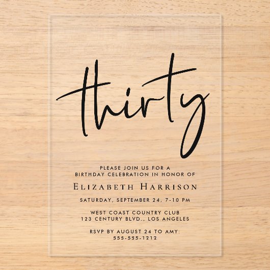 Chic Script 30ste verjaardagsfeestje Acryl Uitnodigingen (Voorkant)