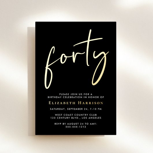 Chic Script 40e verjaardagsfeestje Folie Uitnodiging