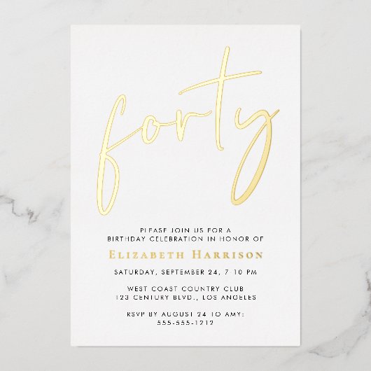 Chic Script 40ste verjaardagsfeestje Folie Uitnodiging (Voorkant)