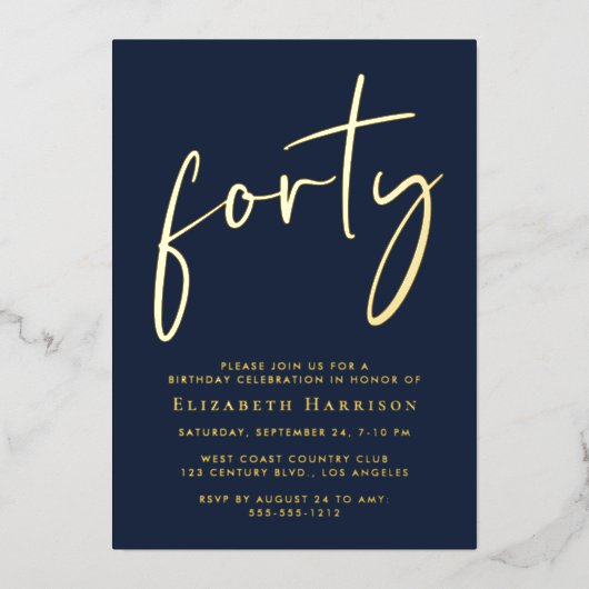 Chic Script 40ste verjaardagsfeestje Folie Uitnodiging (Voorkant)