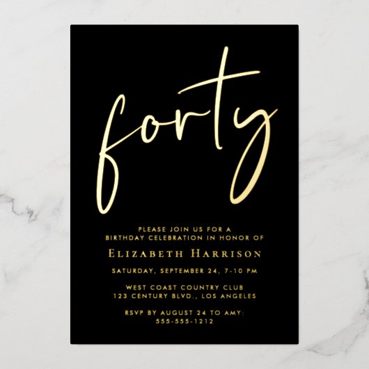 Chic Script 40ste verjaardagsfeestje Folie Uitnodiging (Voorkant)