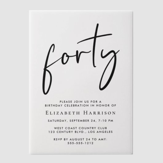 Chic Script 40ste verjaardagsfeestje Vellum Uitnodigingen (Voorkant)