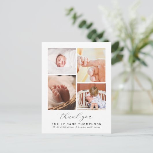 Chic Script 4 Foto Collage Baby Shower Bedankje Briefkaart (Staand voorkant)