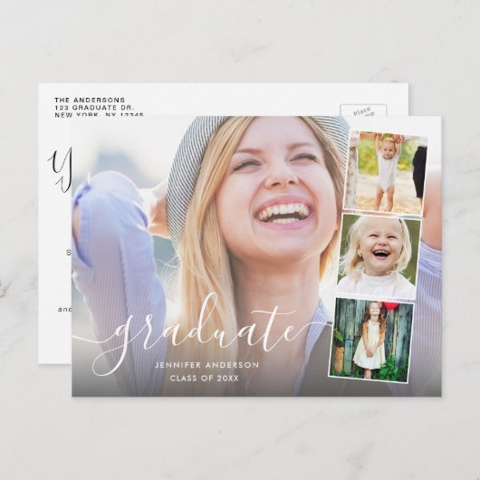 Chic Script 4 Photo Collage Afstudeerfeest Briefkaart (Voorkant / Achterkant)