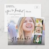 Chic Script 4 Photo Collage Afstuderen Uitnodigen Briefkaart (Voorkant / Achterkant)