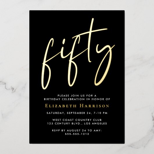 Chic Script 50th Birthday Party Folie Uitnodiging (Voorkant)