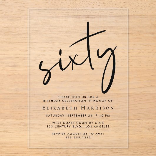 Chic Script 60ste verjaardagsfeestje Acryl Uitnodigingen (Voorkant)