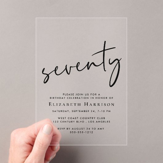 Chic Script 70ste verjaardagsfeestje Acryl Uitnodigingen (Insitu (Draagbaar))