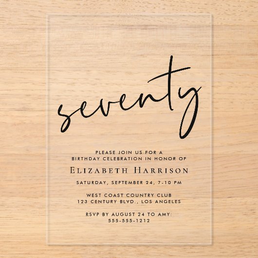 Chic Script 70ste verjaardagsfeestje Acryl Uitnodigingen (Voorkant)